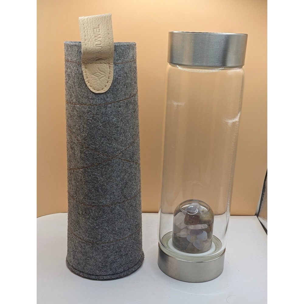 VitaJuwel ViA Crystal Water Bottle with Gemstone Gempod and Grey Felt Sleeve